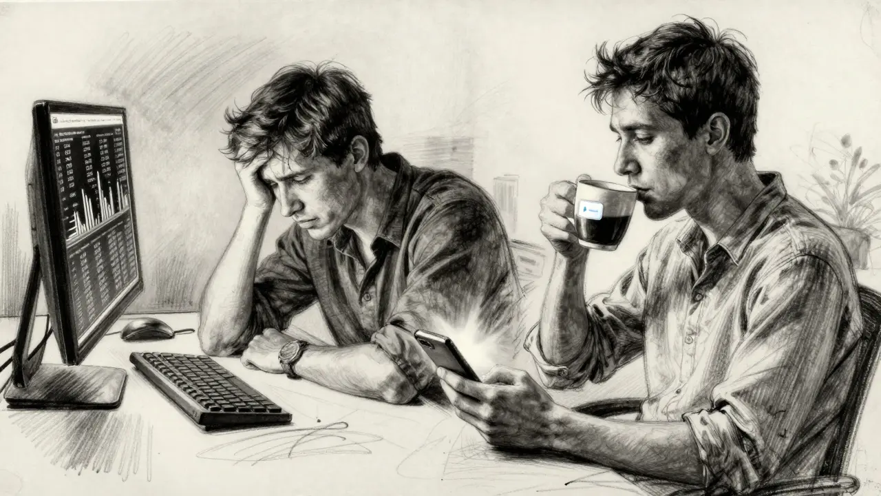 Two figures at a desk: one anxious watching volatile charts, the other calm with a phone showing automated buy confirmation.