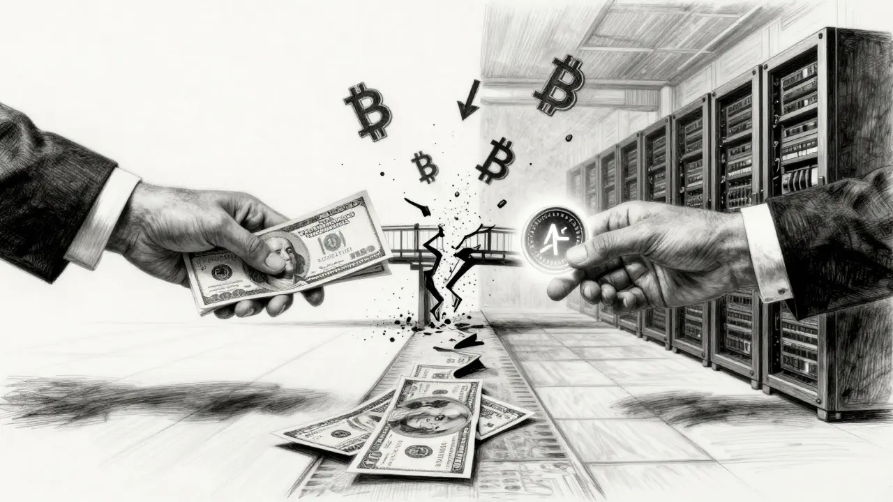 Two hands exchanging a dollar bill for a digital AUSD token across a collapsing bridge of unstable crypto symbols.