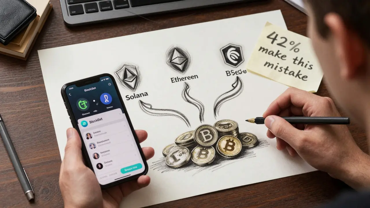 A bettor at a desk with blockchain networks and BLOCK tokens, surrounded by warnings about network mistakes.