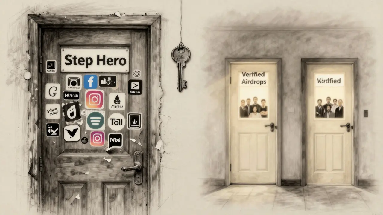 A closed door labeled 'Step Hero' covered in social media stickers, with a key made of ETH gas fees above it, while other doors glow in the distance.