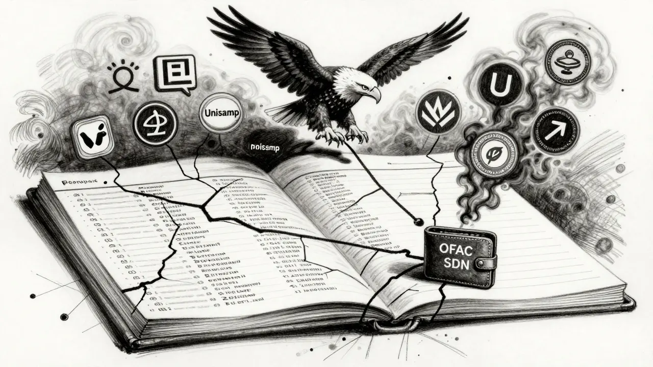 A cracked blockchain ledger with a frozen wallet under a shadowy eagle, surrounded by symbols of decentralized finance.