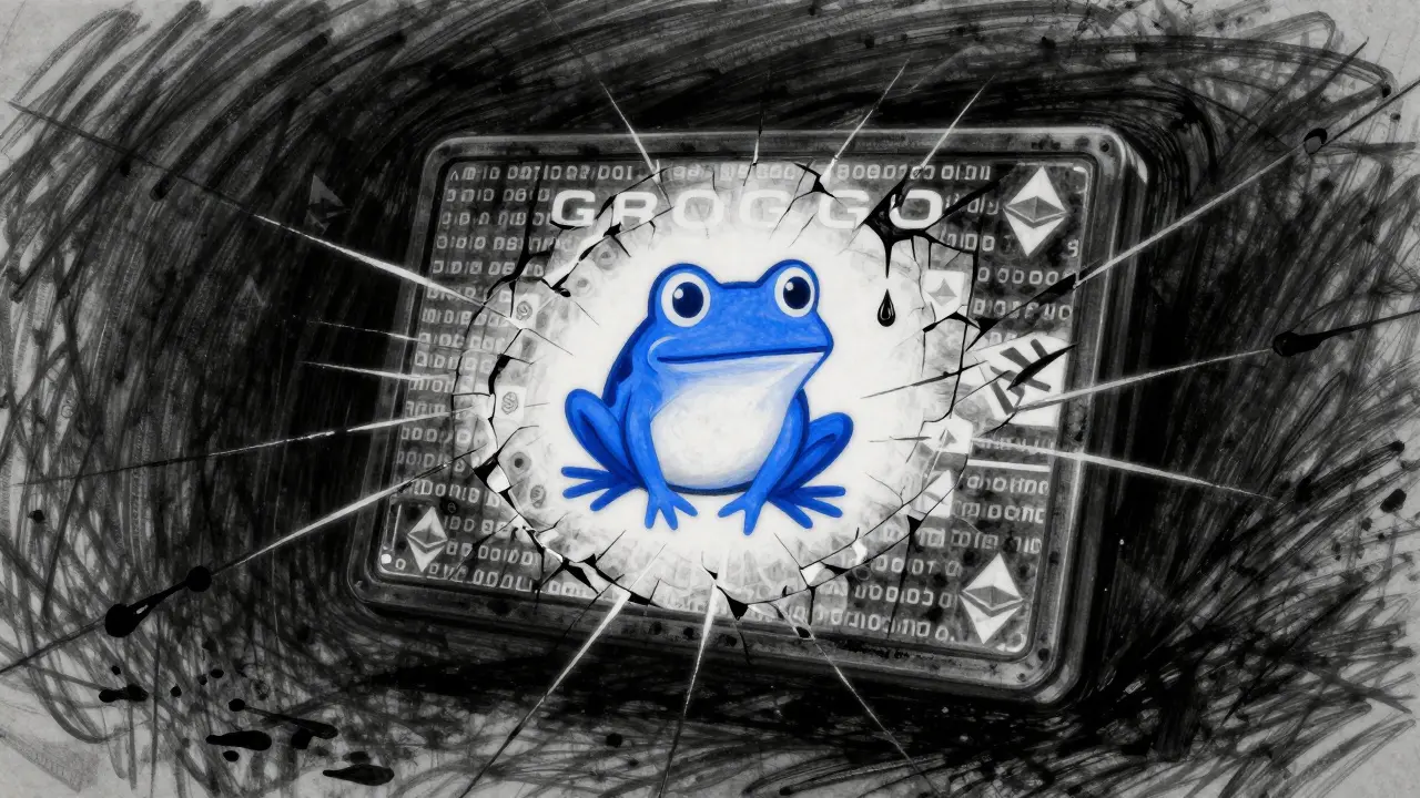 A cracked digital screen showing a frog token, surrounded by blockchain codes, smudged with charcoal.