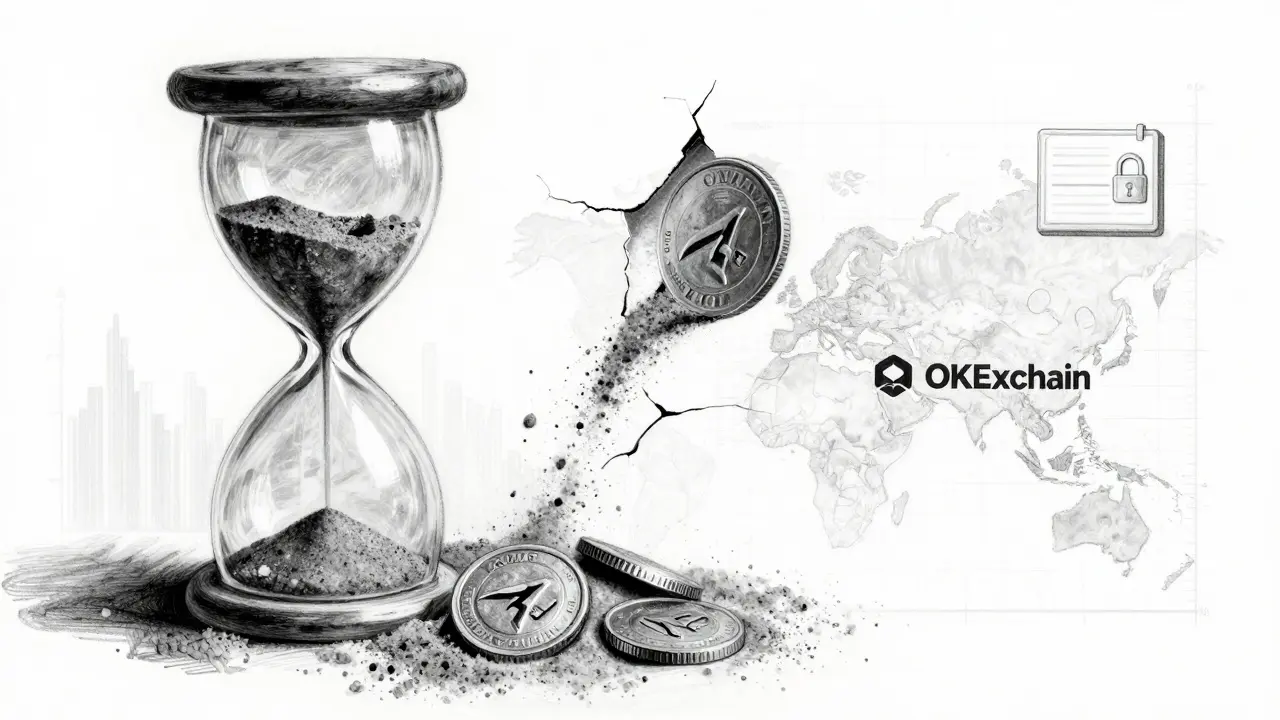 A cracked hourglass spilling ACMD tokens, fading into blockchain maps, rendered in charcoal.