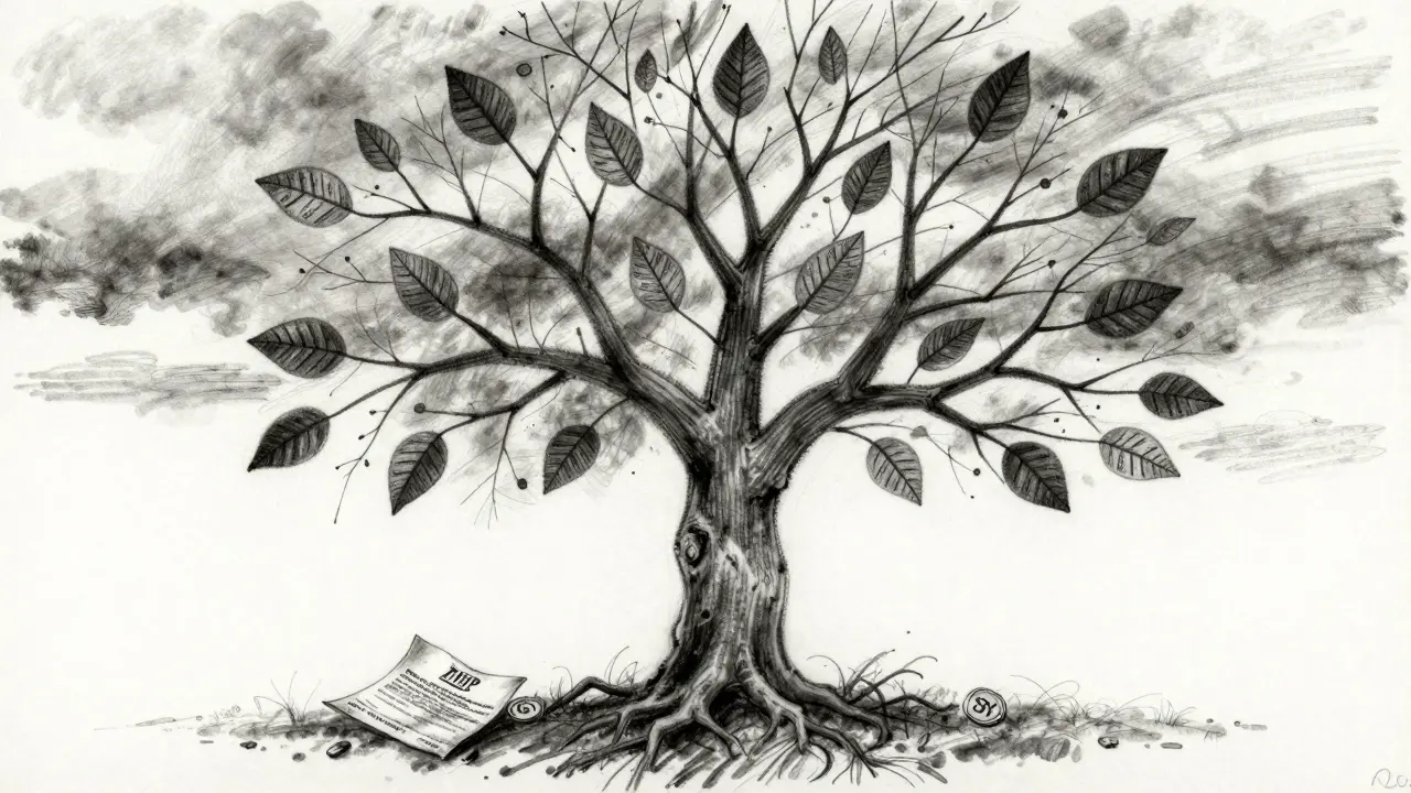 A dead tree with wallet addresses as leaves, a fallen token at its roots, in charcoal sketch.