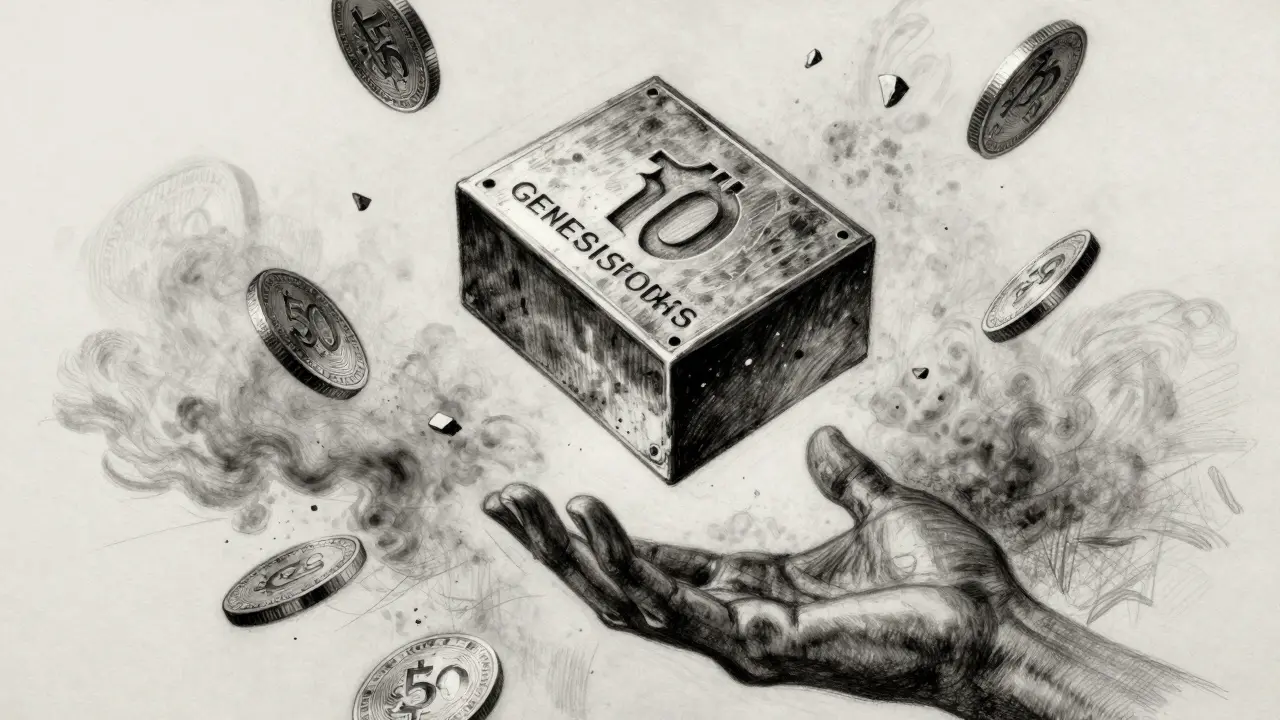 A floating Bitcoin block with the Genesis message, surrounded by dissolving coins, rendered in charcoal.