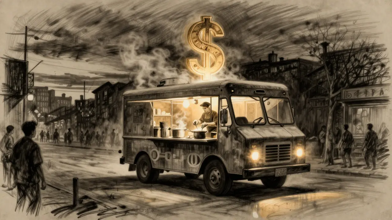 A glowing food truck steams with the shape of a $ORARE token, chef cooking as others watch in silhouette.