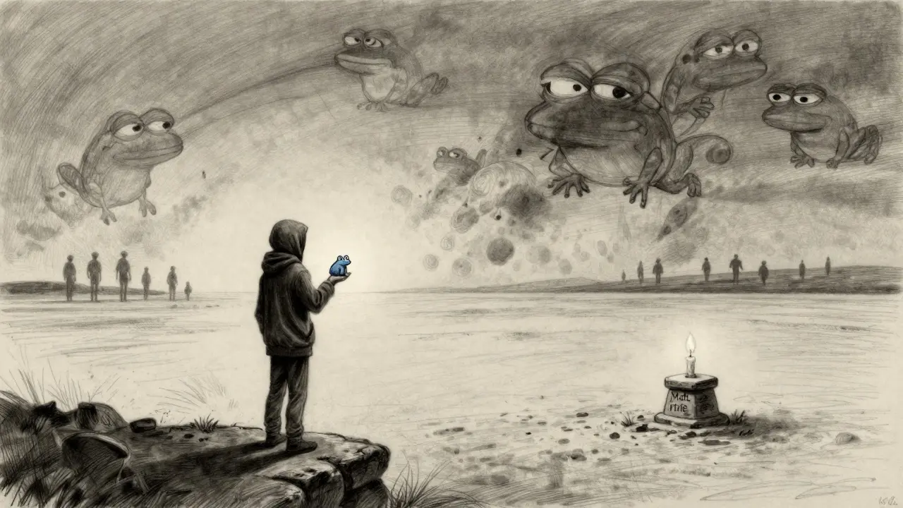 A lone figure stands in a digital wasteland with a frog token, a faint candle labeled 'Matt Furie' burning nearby.