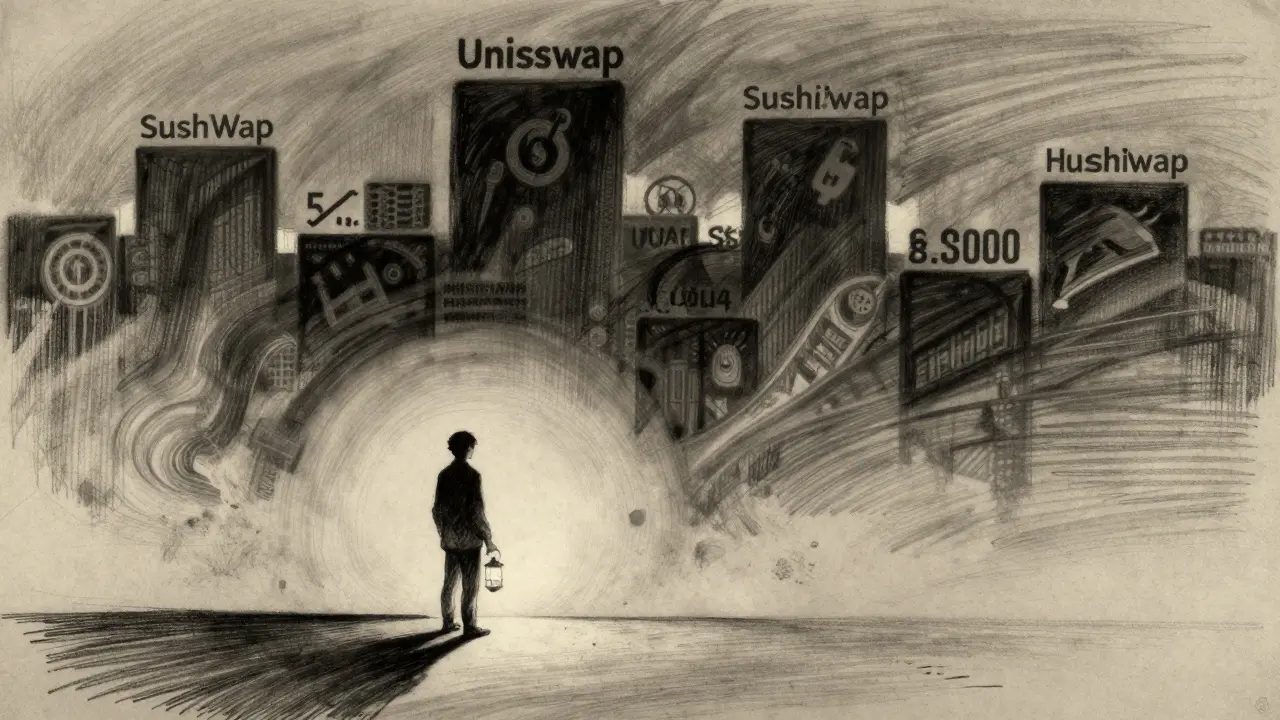 A lone figure with a small lantern labeled Honeyswap stands alone on an empty trading floor, surrounded by giant shadowy DEXs.