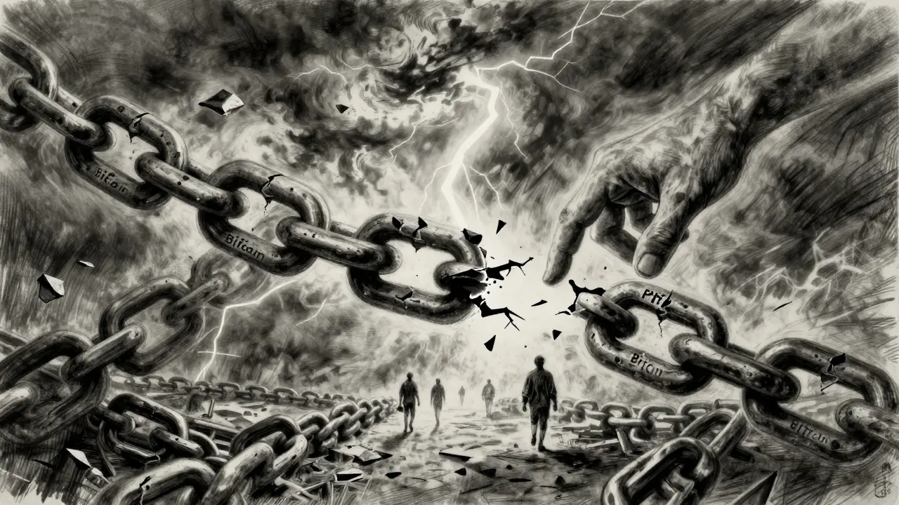 A massive blockchain chain breaking under pressure, one side strong, the other crumbling under a hand's pull.