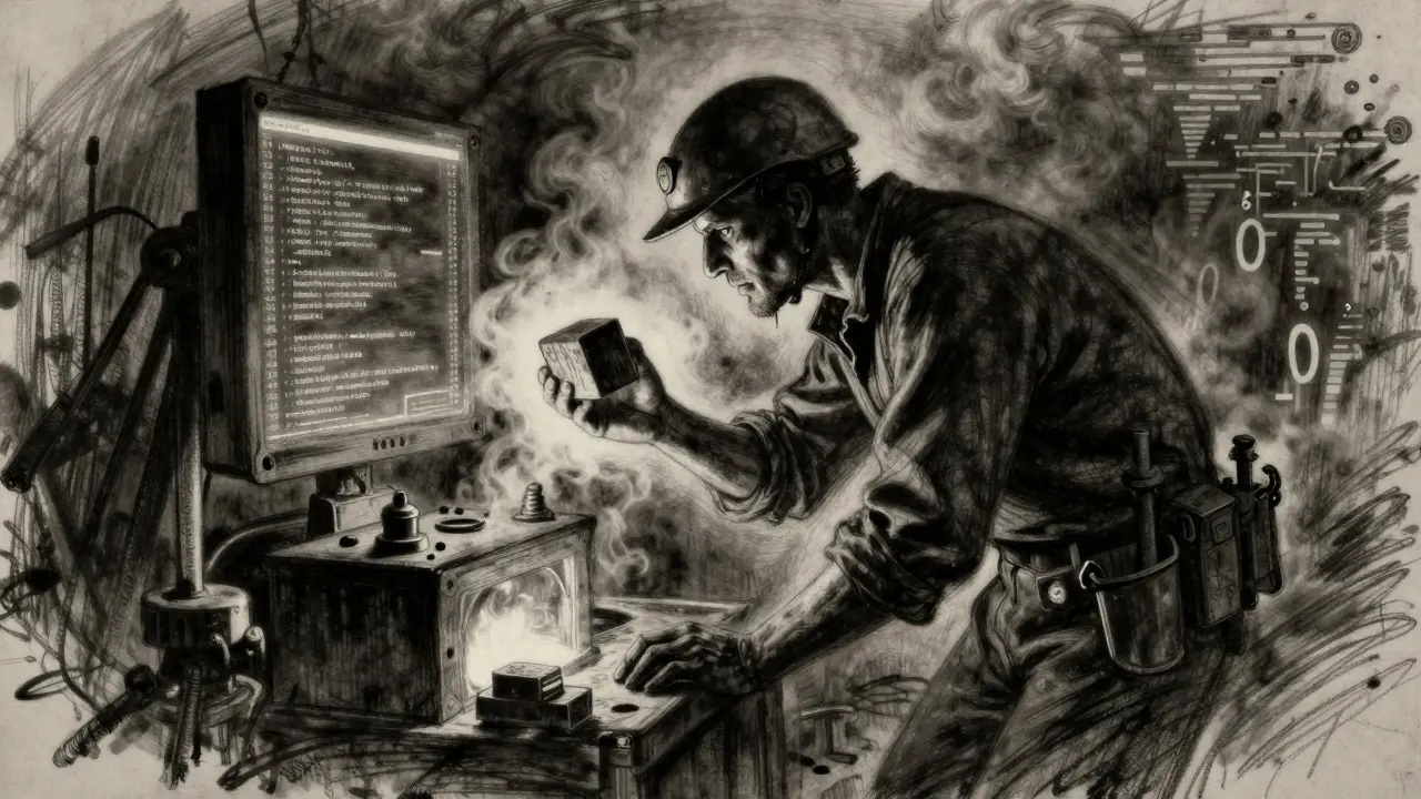 A miner secretly holding a block of code while a public transaction scrolls nearby, surrounded by smoke and shadow.
