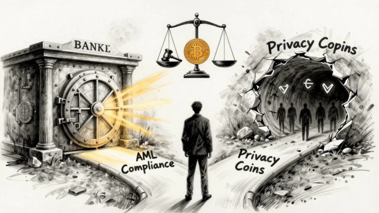 A person at a crossroads between compliant finance and privacy coins, with a scale balancing Bitcoin and a gavel under smoky charcoal lighting.