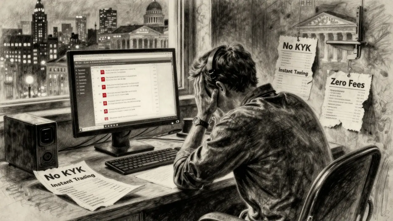 A trader at a desk surrounded by warning labels, with a blockchain monitor showing flagged addresses.