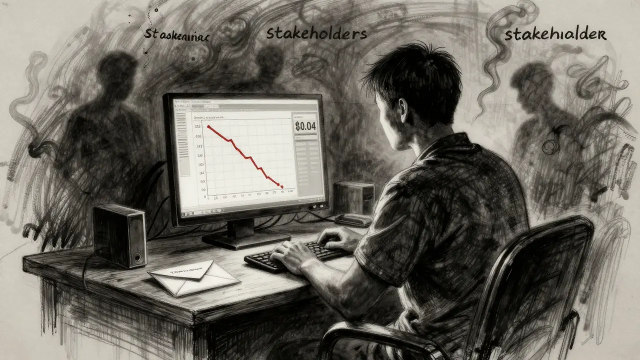 A trader sits in shadow before a falling price chart, ghostly figures vanishing behind them in charcoal.