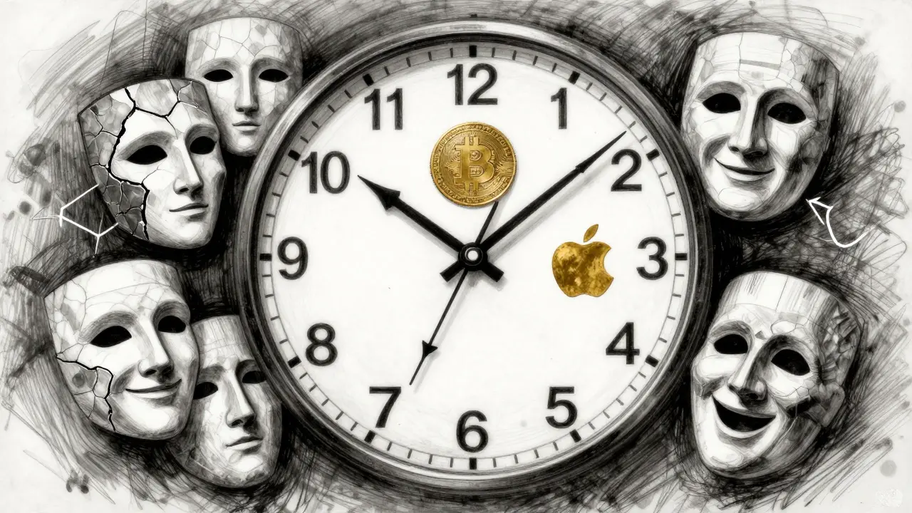 Abstract clock with financial assets and fragmented institutional masks symbolizing data reliability.