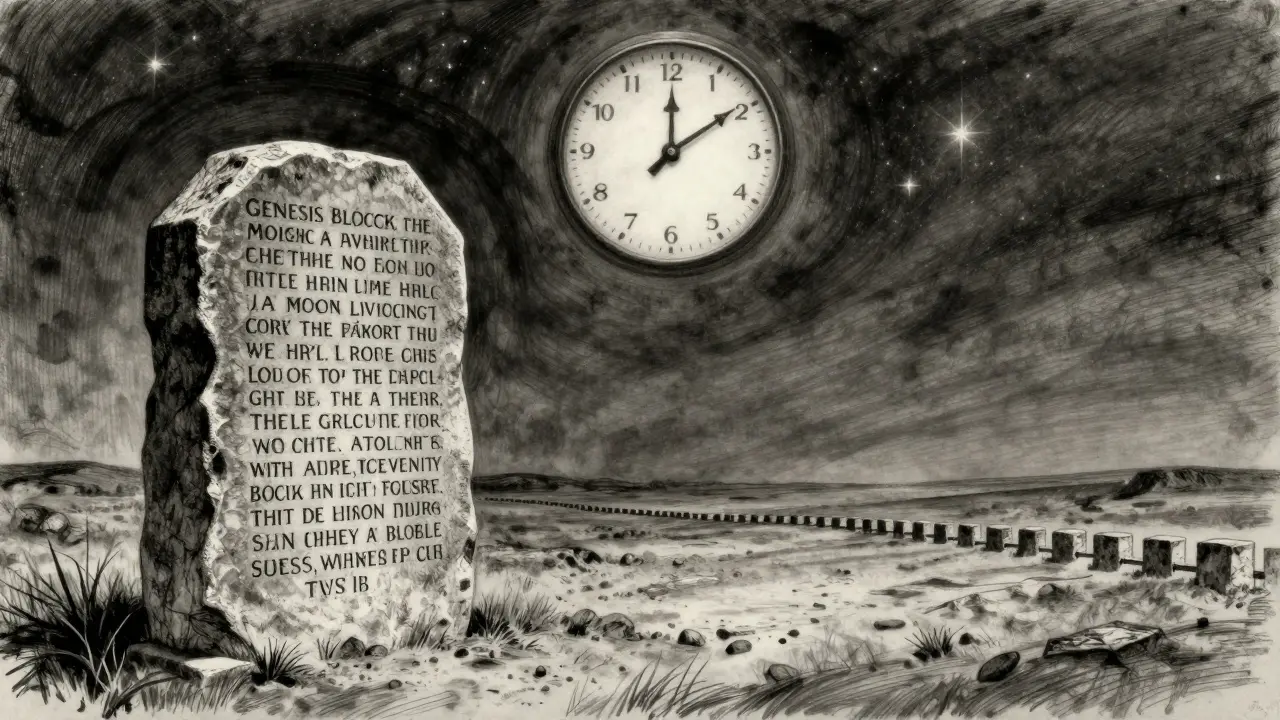 An ancient stone tablet with the Genesis Block text standing alone under stars, connected blocks stretching into the distance.
