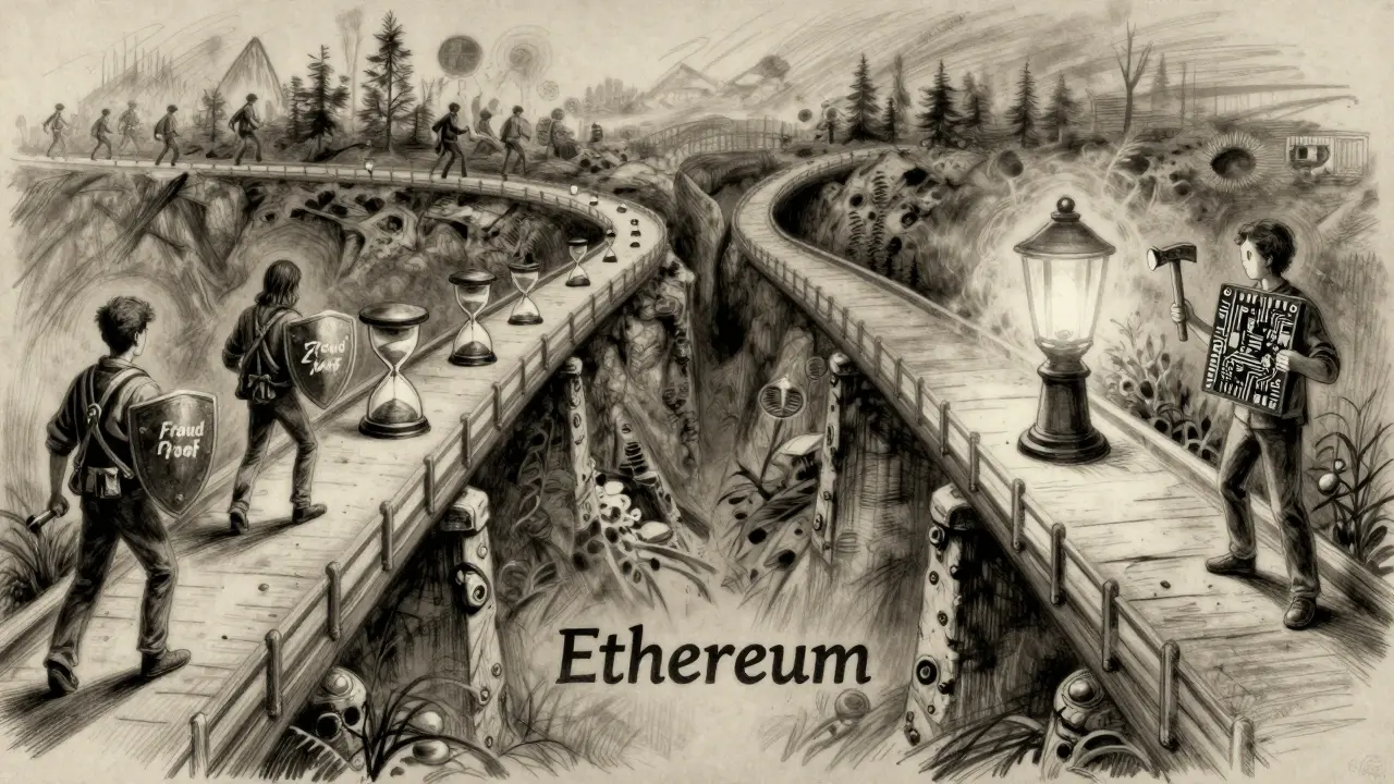 Charcoal depiction of two paths across Ethereum — one slow with fraud proofs, one fast with ZK verification.