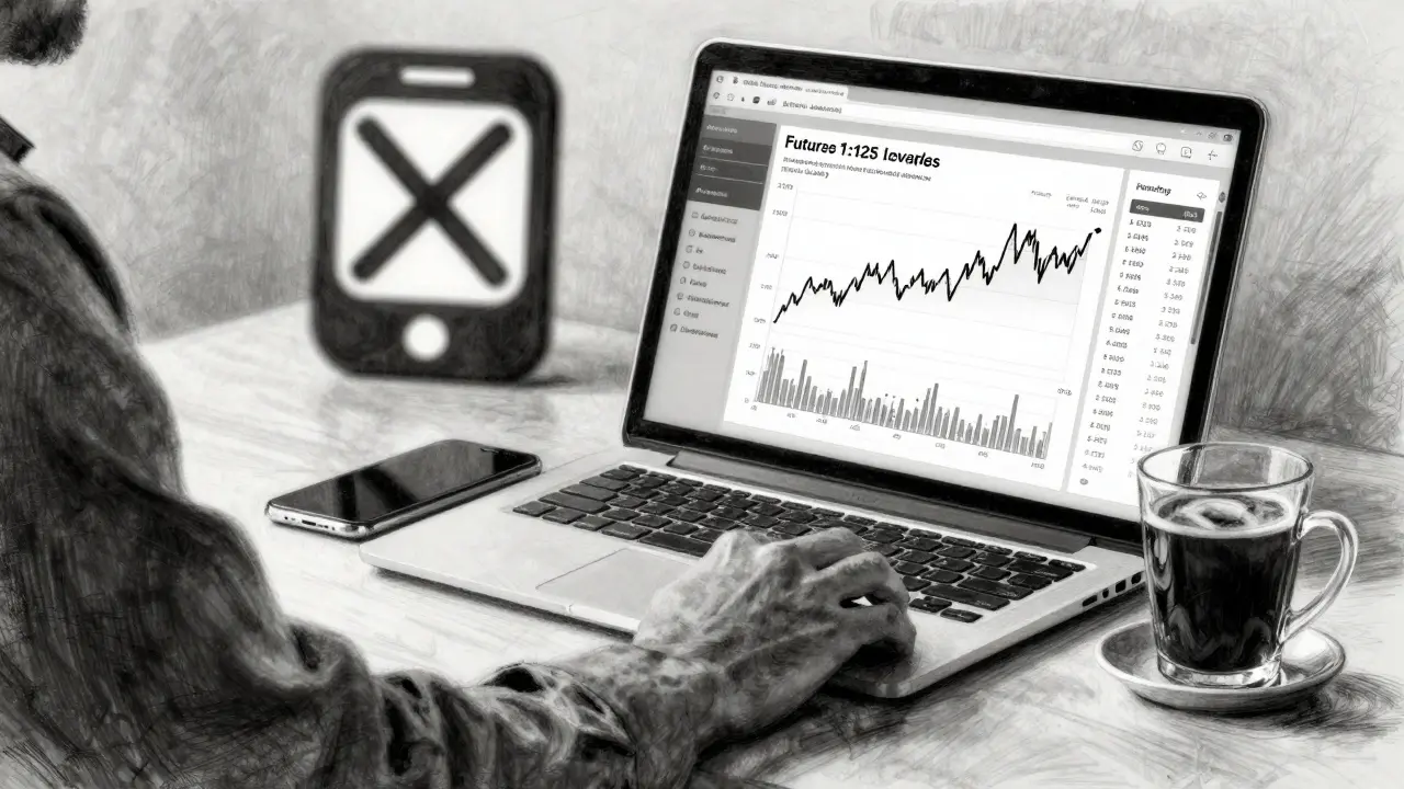 Charcoal drawing of a hand trading futures on a web interface, with a deactivated smartphone beside a cup of coffee.
