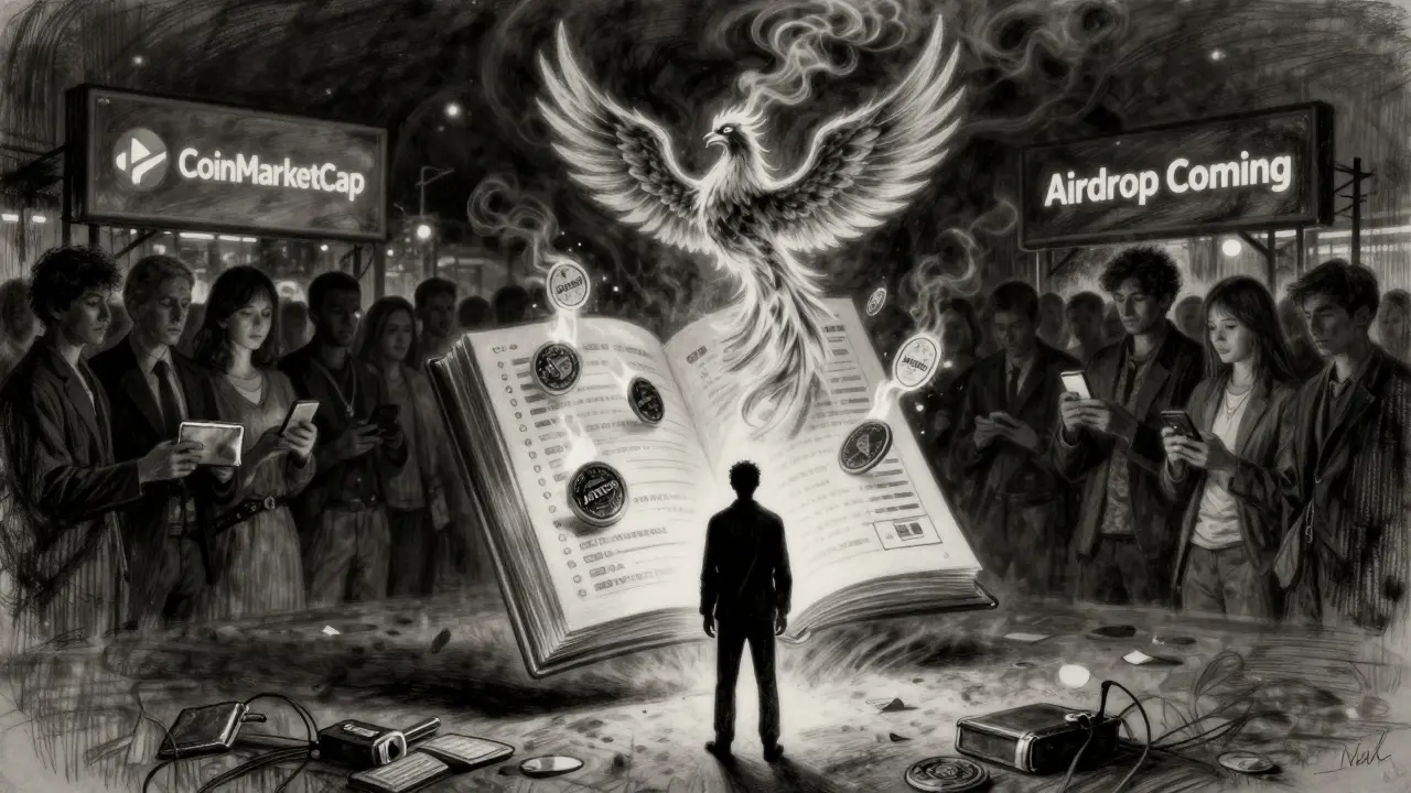 Charcoal drawing of a person facing a burning token ledger shaped like a phoenix, with a crowd in the background.