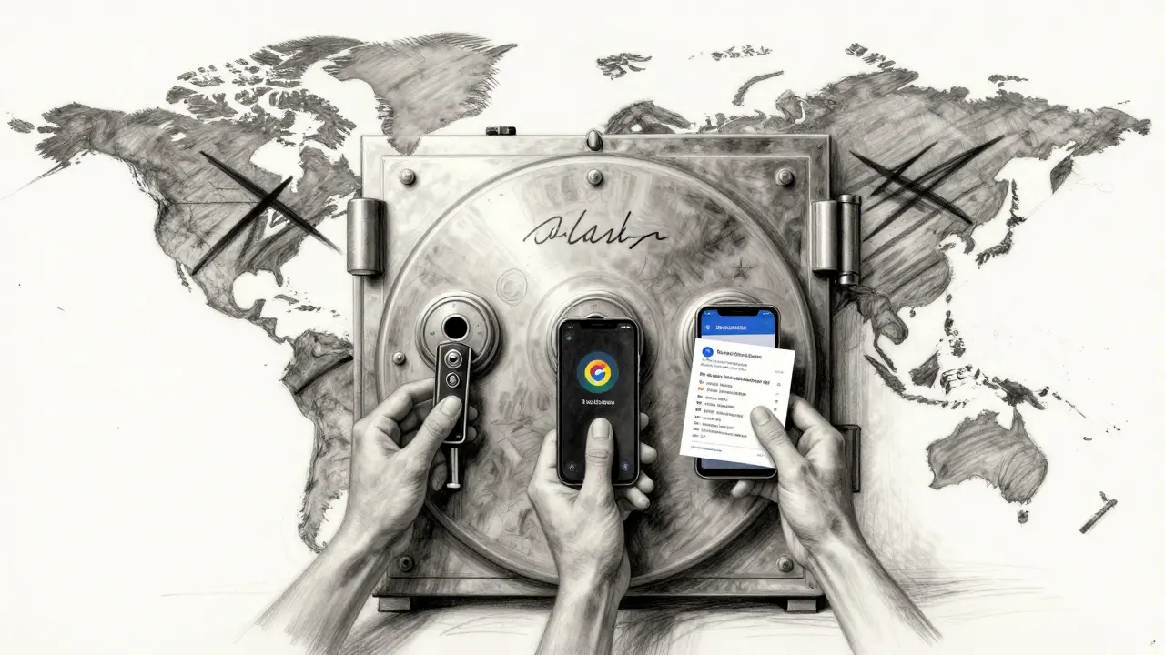 Charcoal drawing of a secure cold wallet vault with three authentication methods, surrounded by map outlines of allowed and blocked regions.