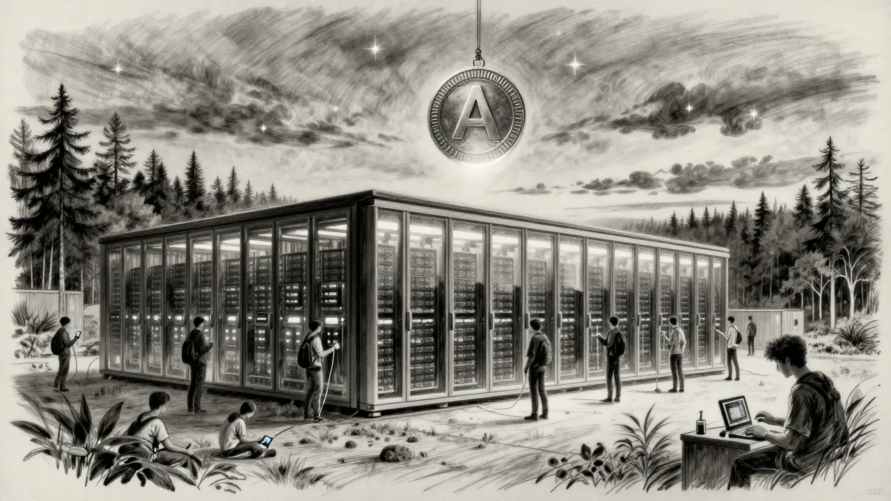 Charcoal drawing of an eco-friendly data center in a forest, with people contributing devices under a twilight sky.