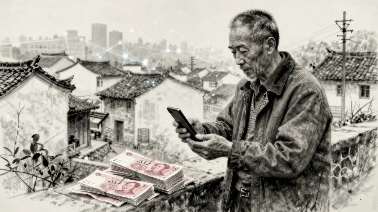 Charcoal drawing of an elderly villager receiving a government subsidy via digital yuan, beside stacks of cash.