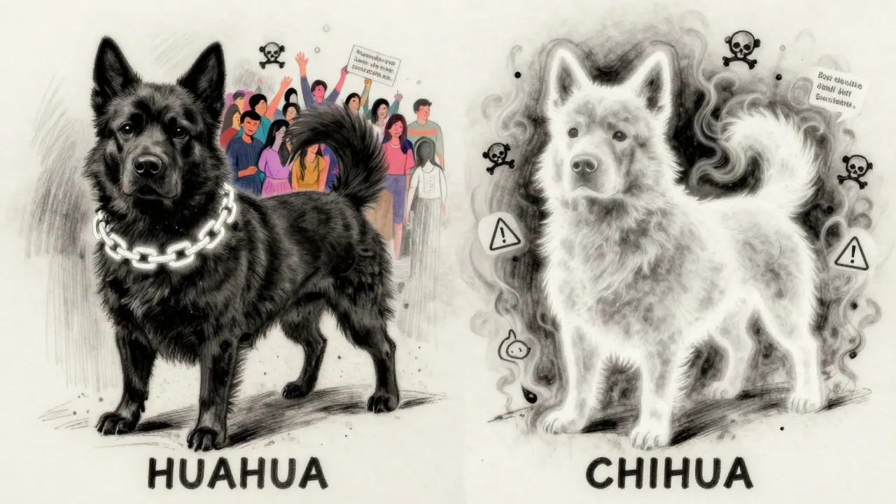 Charcoal illustration comparing a real HUAHUA dog with a ghostly CHIHUA figure, surrounded by scam symbols.