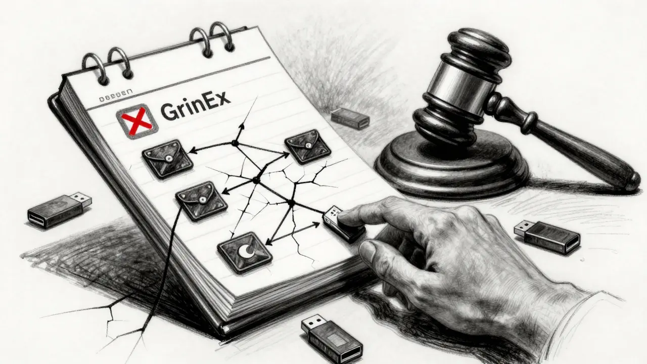 Charcoal sketch of a floating ledger with money trails leading to anonymous wallets and a gavel's shadow.