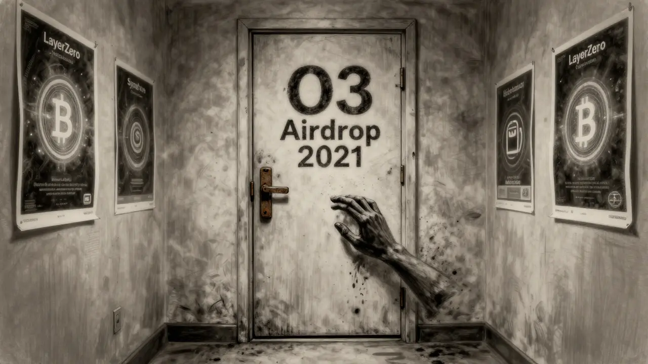 Closed door labeled 'O3 Airdrop 2021' with fading posters of future crypto projects in the background.