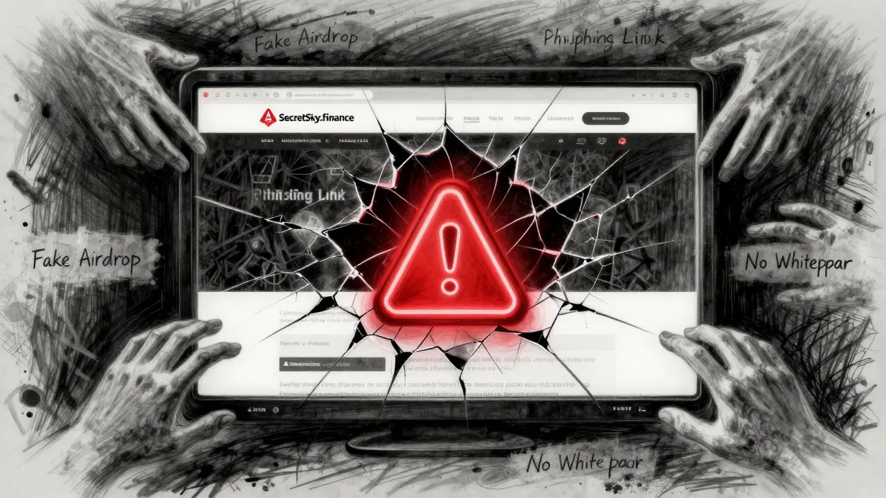 Cracked digital screen showing a fake crypto site with glowing red warning signs emerging from the fractures.
