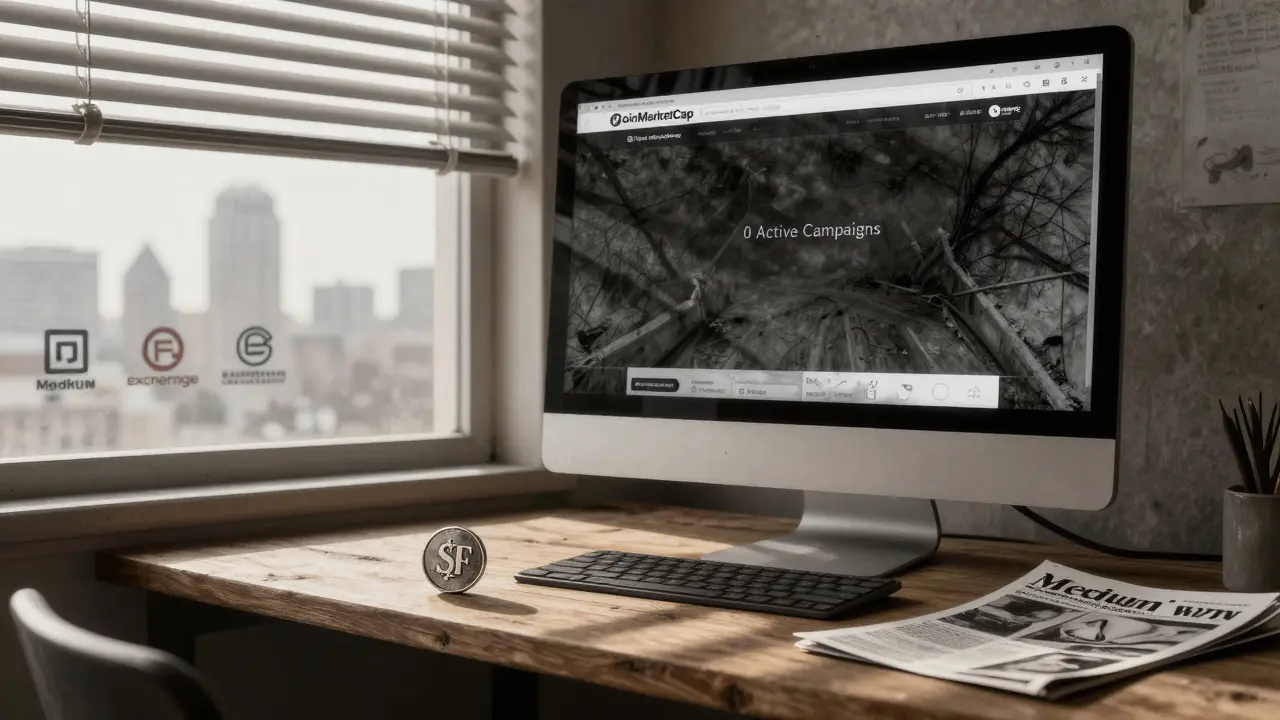 Dark monitor showing '0 Active Campaigns' with a single IF token on a windowsill, charcoal drawing.