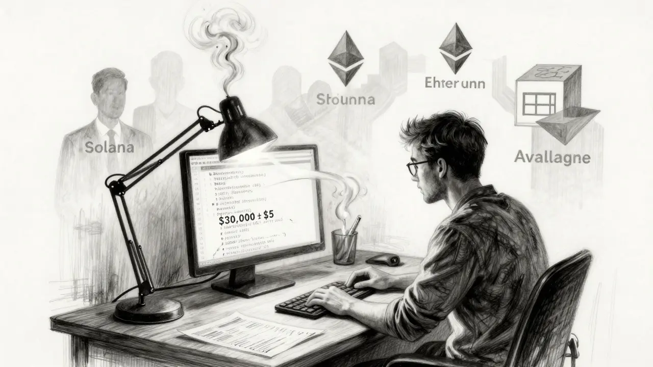 Developer coding as price data flows upward, with blockchain silhouettes in the background.