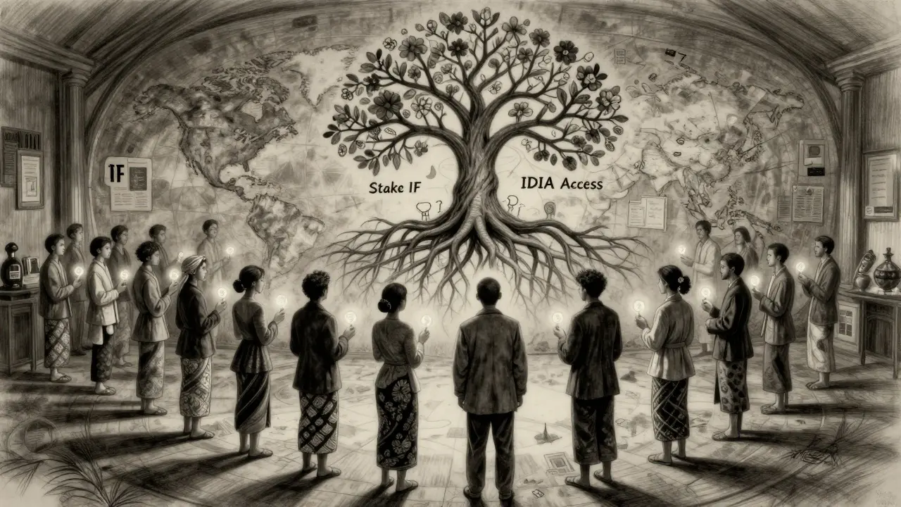 Diverse group holding IF tokens beneath a symbolic tree representing IDIA access, charcoal drawing.