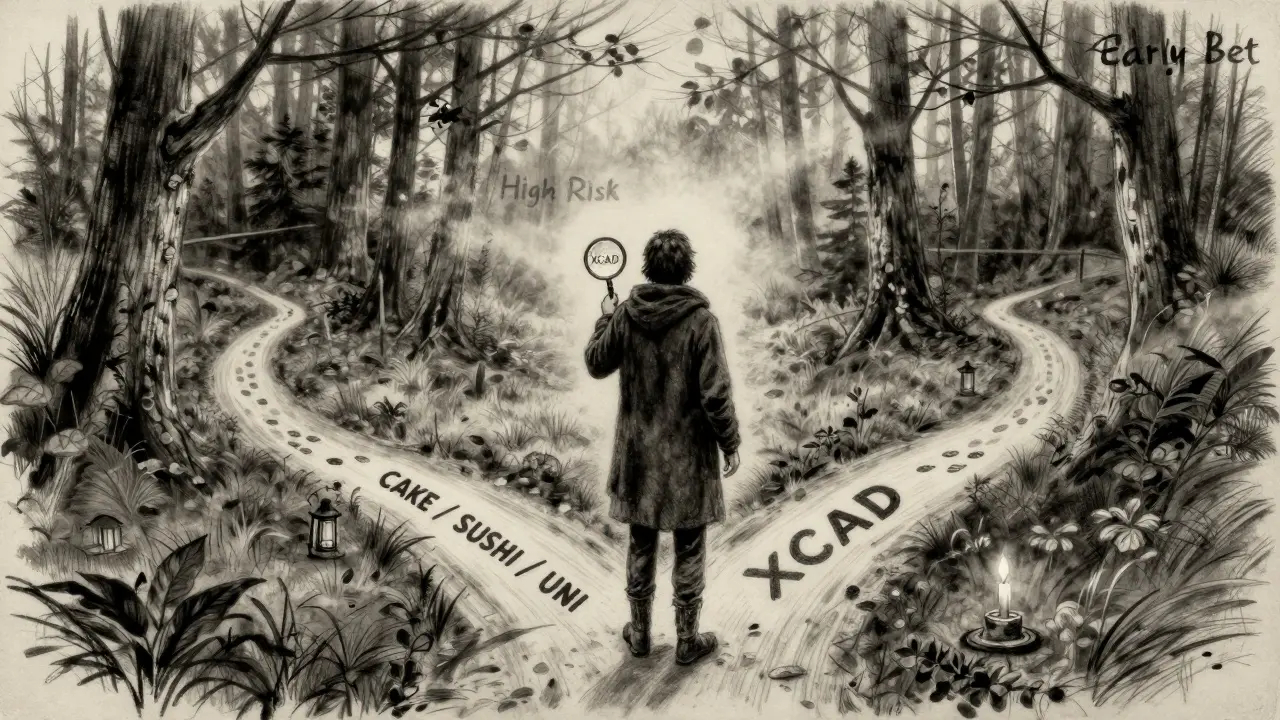 Figure at a crossroads, one path marked with established tokens, the other leading into mist toward XCAD
