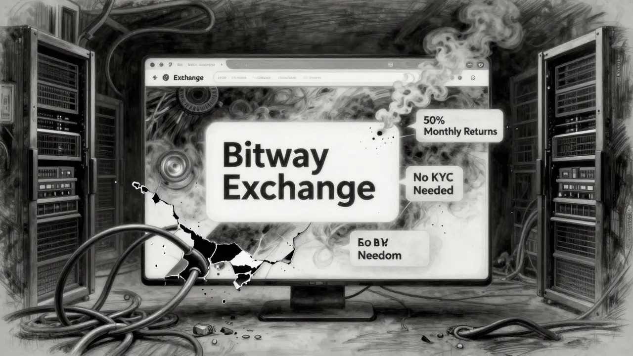 Flickering website interface crumbling into smoke, surrounded by false promises of high returns and no KYC.