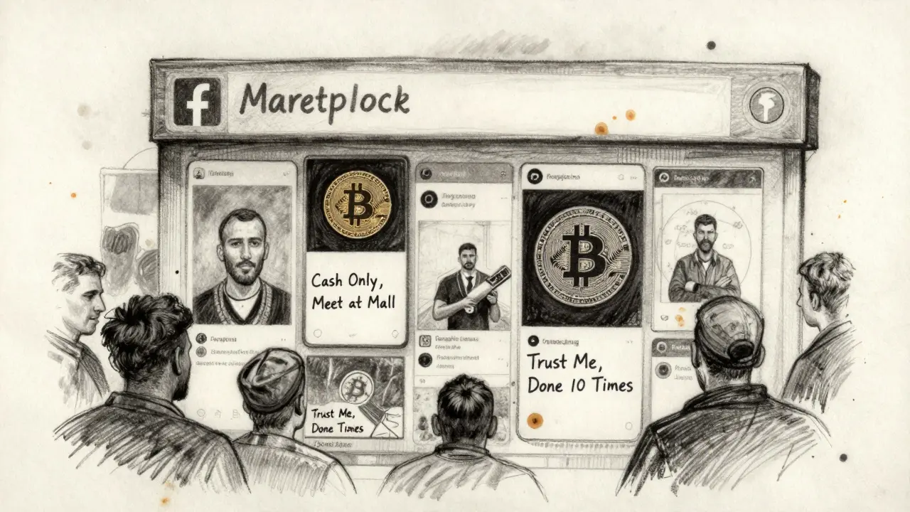 Hand-drawn charcoal sketch of Facebook Marketplace crypto ads with handwritten notes, coffee stains, and smudges, depicting informal P2P trades.