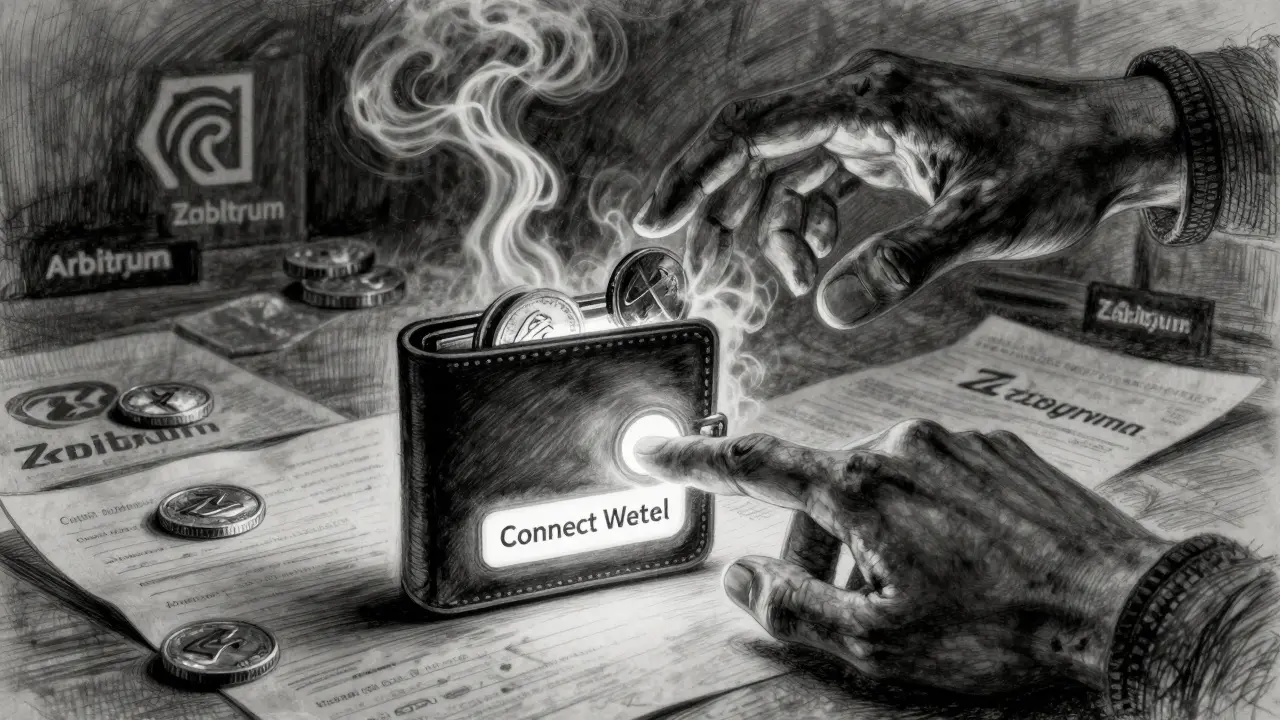 Hand hesitating over a wallet button while a shadowy figure steals coins, with fading legitimate project logos in the background.