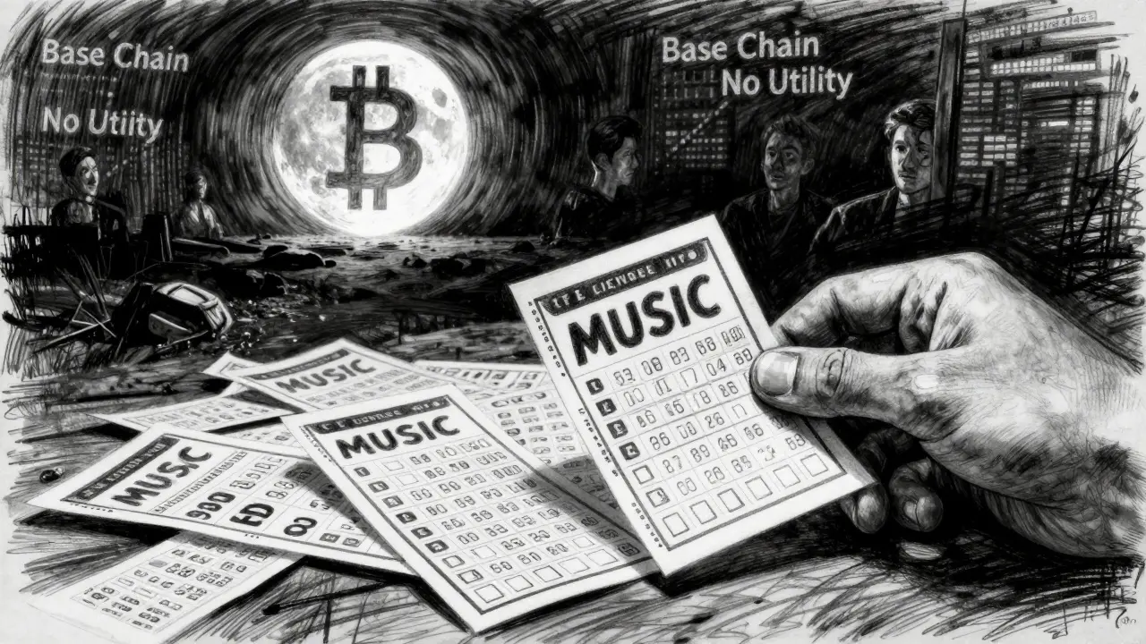 Hand holding a MUSIC lottery ticket beside discarded price charts, under a crypto-shaped moon.