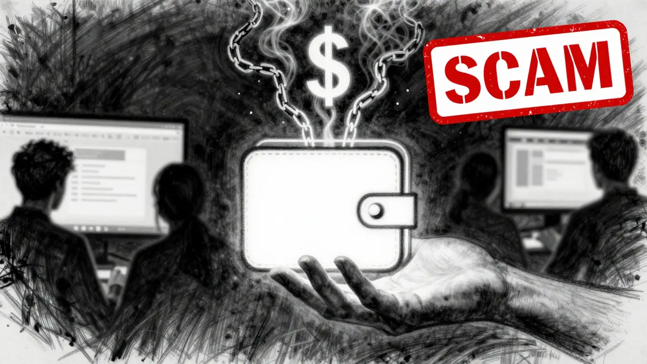 Hand reaching for an empty digital wallet, with smoke forming chains and a 'SCAM' stamp in the background.