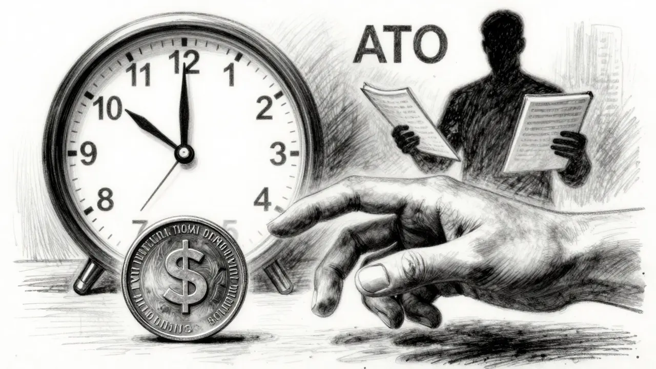 Hand transferring crypto as a clock ticks toward 12 months, with ATO shadow in background.