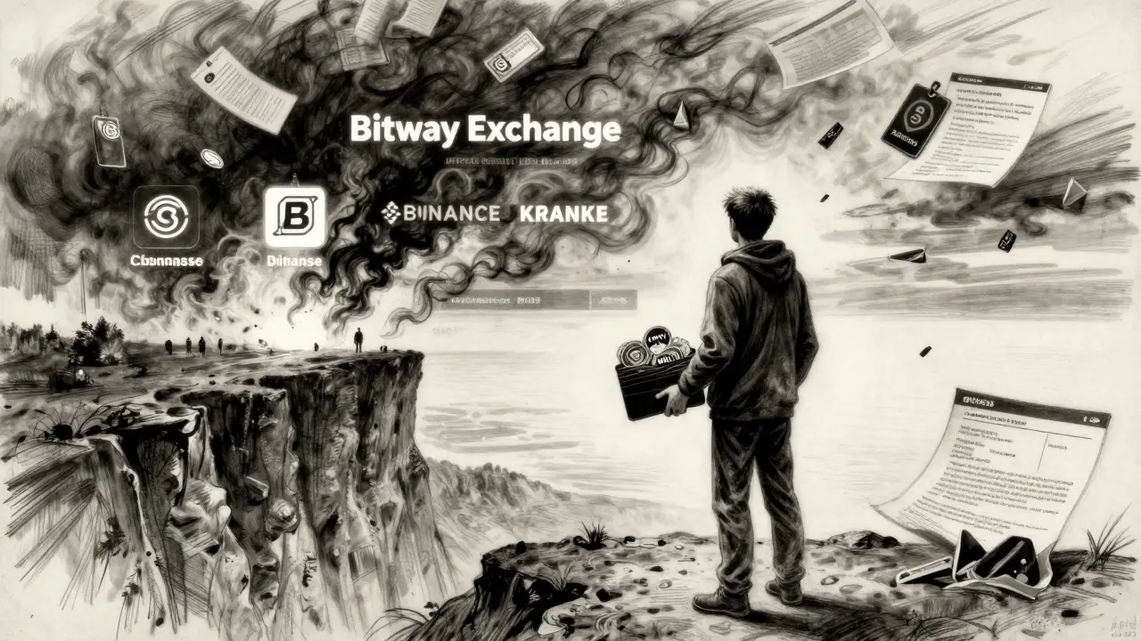 Person at cliff's edge holding worthless tokens, watching legitimate exchanges glow in distance as scam site dissolves.