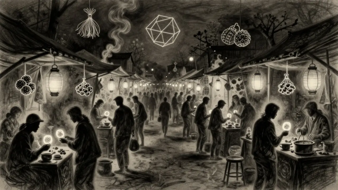 Shadowy digital marketplace with 101 figures exchanging glowing food NFTs under lantern-like pots.