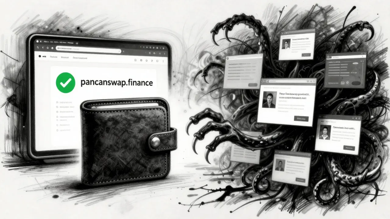 Split charcoal scene: verified DEX site vs. phishing web tentacles reaching for a wallet