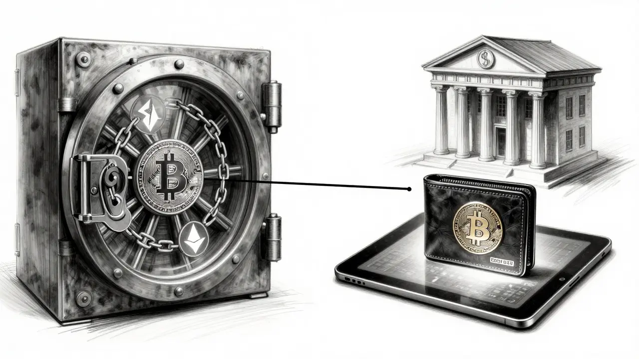 Split image: locked crypto symbols in bank vault vs. glowing TWD stablecoin on tablet.