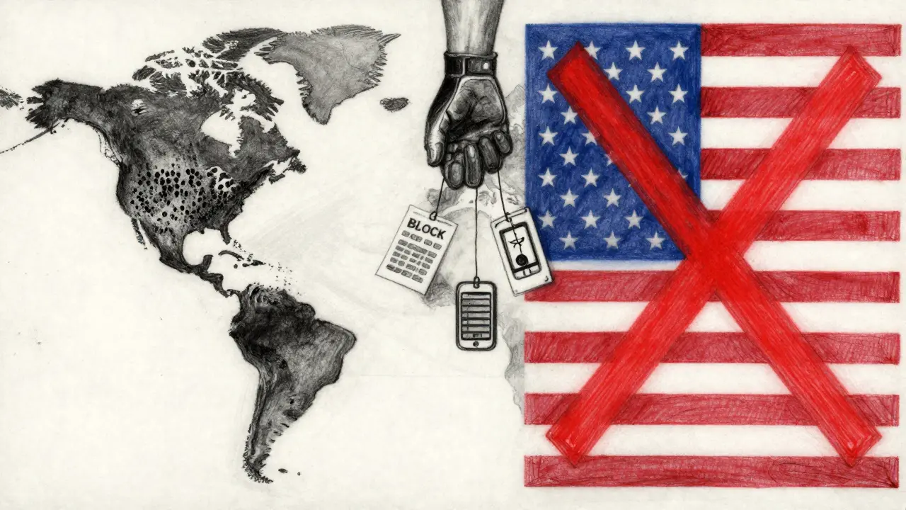 Split scene: global user hotspots vs. blocked U.S., with a single BLOCK token suspended between them.