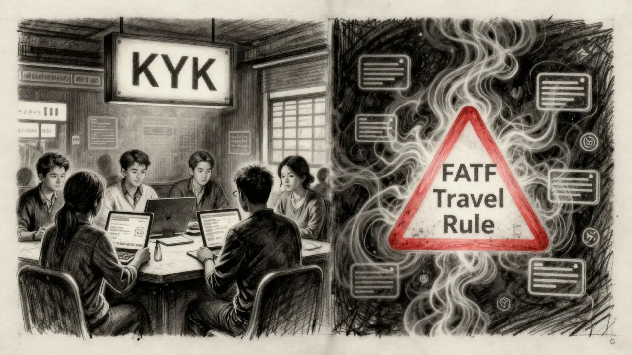 Split scene: regulated crypto exchange with ID verification on one side, chaotic DeFi on the other, marked by FATF Travel Rule warning.