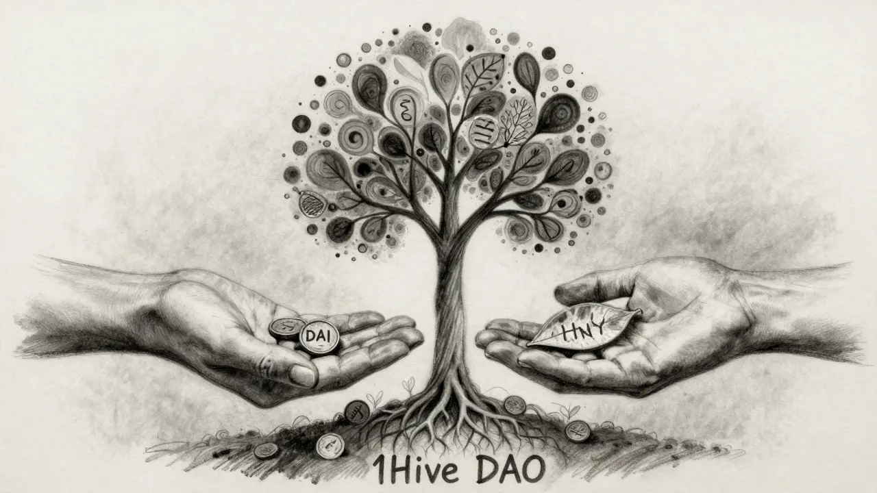 Two hands exchanging a DAI coin for a HNY token leaf, rooted in a community-driven DAO tree with Comb tokens.