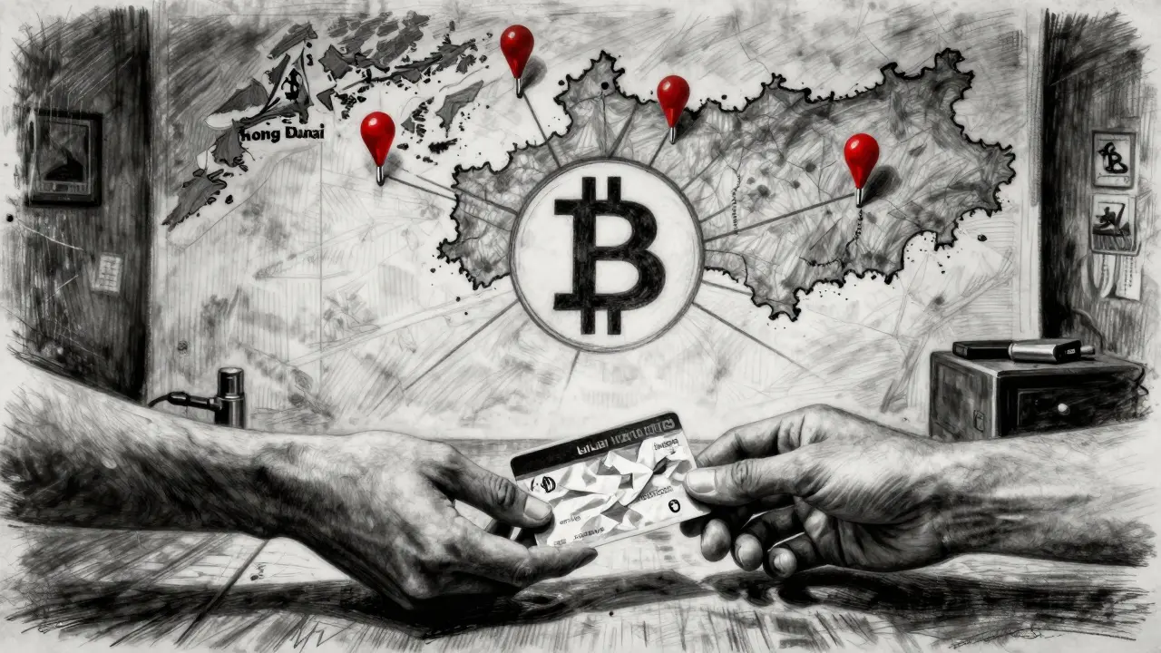 Two hands exchanging a gift card and USB drive under a map linking shadow crypto hubs across Asia and Middle East.