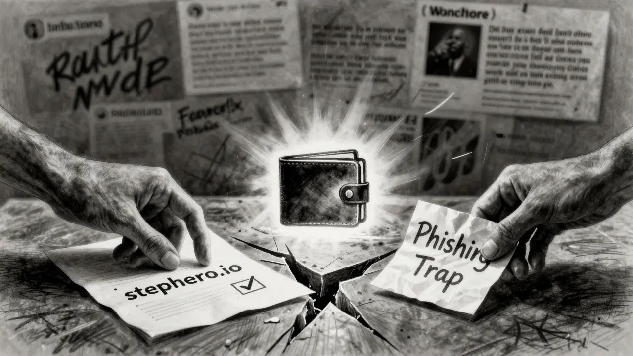 Two hands reaching across a table divided between a legitimate website and a phishing warning, with a wallet icon splitting into light and shadow.