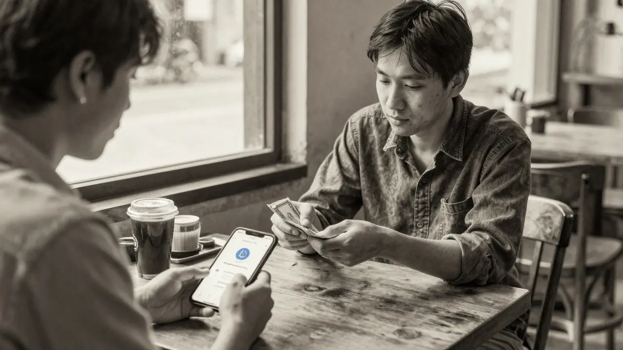 Two people exchanging cash for Bitcoin in a coffee shop, smartphone showing transaction.