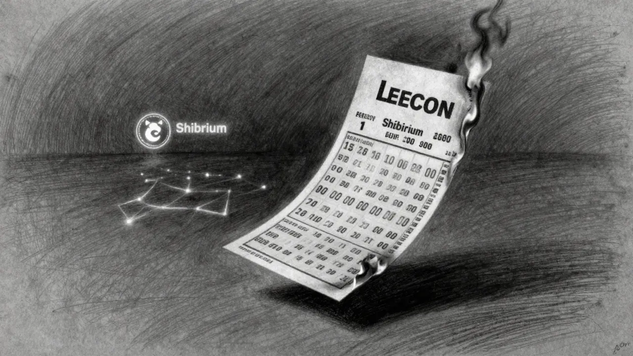 A burning lottery ticket floats in darkness with faint glimmers of Dogecoin and Shibarium in the distance.